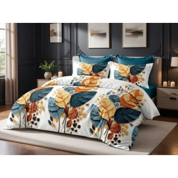 Pościel 160x200 bawełna biała listki PK789 z PRZEŚCIERADŁEM